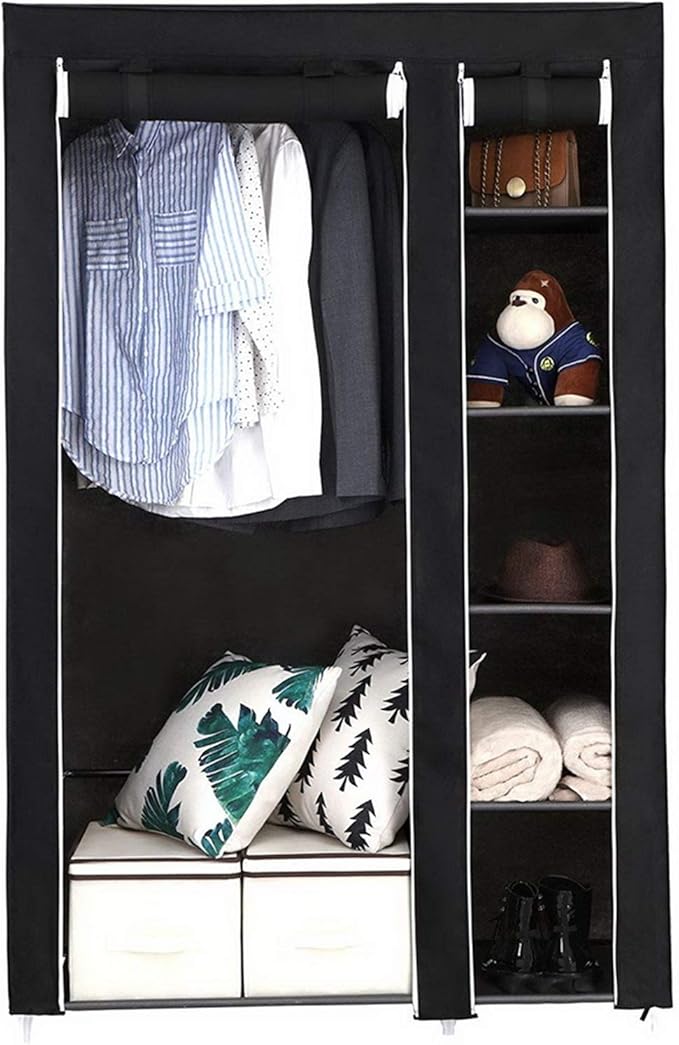 Portable Closet Wardrobe,67'' Closet Storage Organizer Rack with Shelves and Cover for Hanging Clothes, Non-Woven Fabric, Quick and Easy to Assembly (Black)