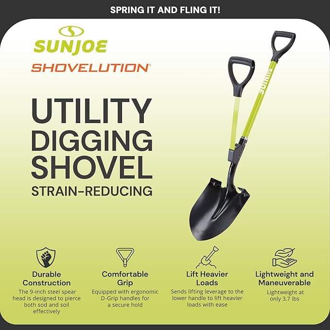 Sun Joe Garden Digging Shovel with 9" Steel Spear Head Blade and Assist Handle – Heavy-Duty, Back-Saving Gardening Tool for Planting, Landscaping, Trenching & Yard Work, Shovelution SJ-SHLV07