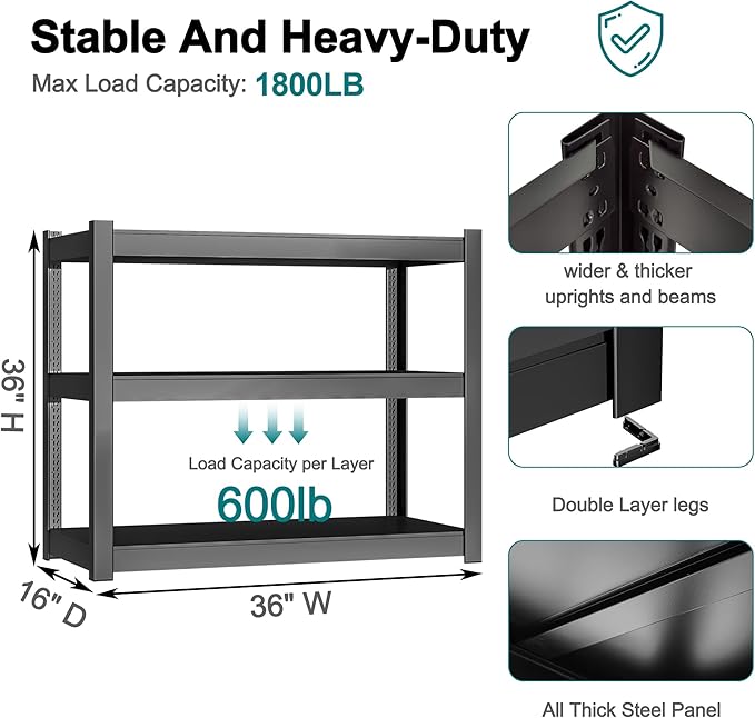 3-Tier Metal Storage Shelving Unit Black 16" D x 36" W x 36" H, Adjustable, 1800 lbs Capacity, Heavy Duty, Storage Organizer, for Garage, Home, Bathroom, Laundry, Storage Rack