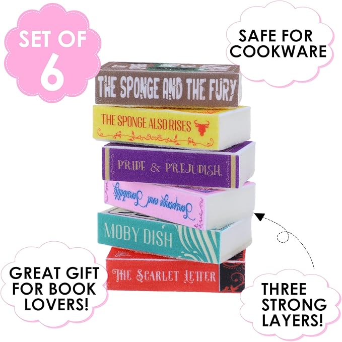 6 Pieces Book Kitchen Sponges Novels Sponges Fun Non-Scratch Scrub for Washing Dishes Pots Pans and Household Cleaning Supplies for Kitchen Dishes Furniture Gifts (6, Book-2)