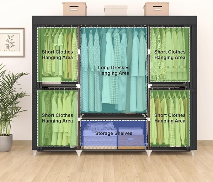 MOGELAFOO 64.5" Closet Wardrobe, Portable Closet for Bedroom, Freestanding Clothes Rack with Non-Woven Fabric Cover, 5 Hanging Rods, 6 Storage Shelves, Clothes Storage Organizer, Black