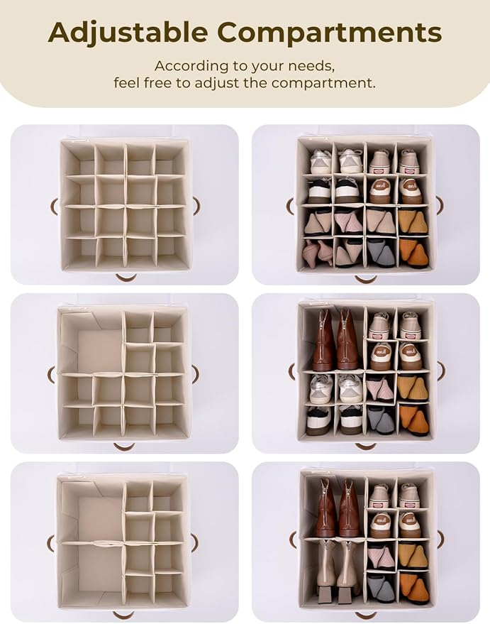 StorageWorks Shoe Organizer for Closet, Fits up to 16 Pairs, Shoe Cubby Storage Containers with Adjustable Dividers and Clear Cover, Brown & White