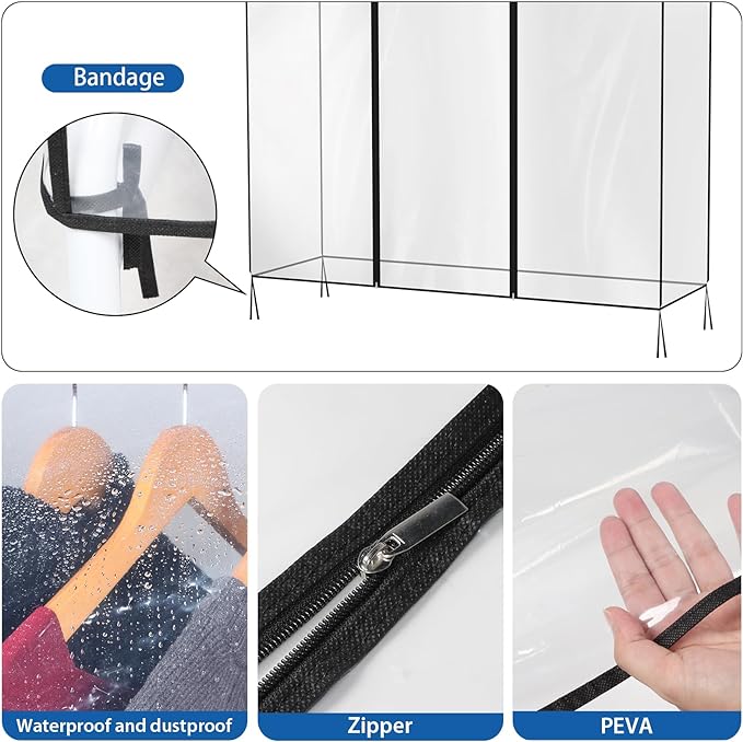 Zilink 50'' Clear Garment Rack Cover Dustproof Clothes Rack Cover Clear Garment Bags Waterproof Wardrobe Cover with 2 Durable Zippers for Garment Rack