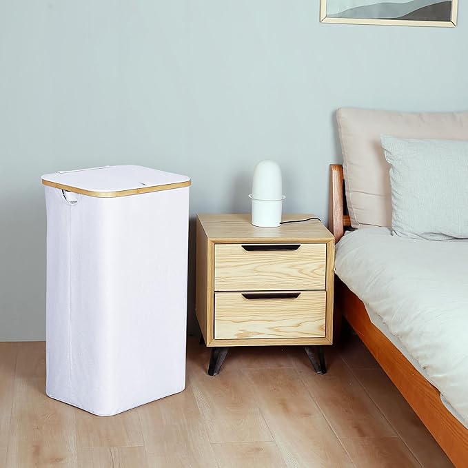 iEGrow 110L Laundry Hamper with Lid，Dirty Clothes Hampers for Laundry,Laundry Basket with Bamboo Handles and Removable Bag,Hamper for Bedroom, Bathroom, Dorm, Laundry Room, White
