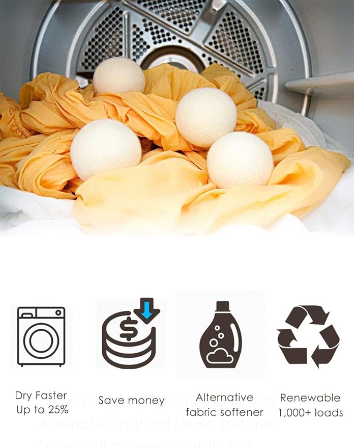 Wool Dryer Balls 6 Pack XL, Organic Natural Wool for Laundry, Fabric Softening - Anti Static, Baby Safe, No Lint, Odorless and Reusable White