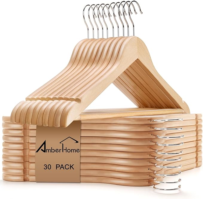 Amber Home 30 Pack Wooden Coat Hangers, Natural Wood Suit Hangers with Non-Slip Pant Bar, Clothes Hangers for Closet Organization, Shirts, Jackets, Dresses, and Pants (Natural, 30)