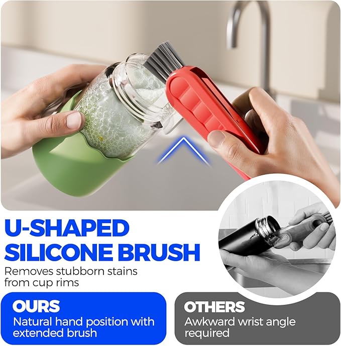 6 Pack Holikme 4 in 1 Cup Lid Cleaning Brush Set with 3 Straws, Multifunctional Bottle Brush, Silicone Cup Lid Gap Cleaner, Durable Bristle Crevice Cleaning Brush, Red