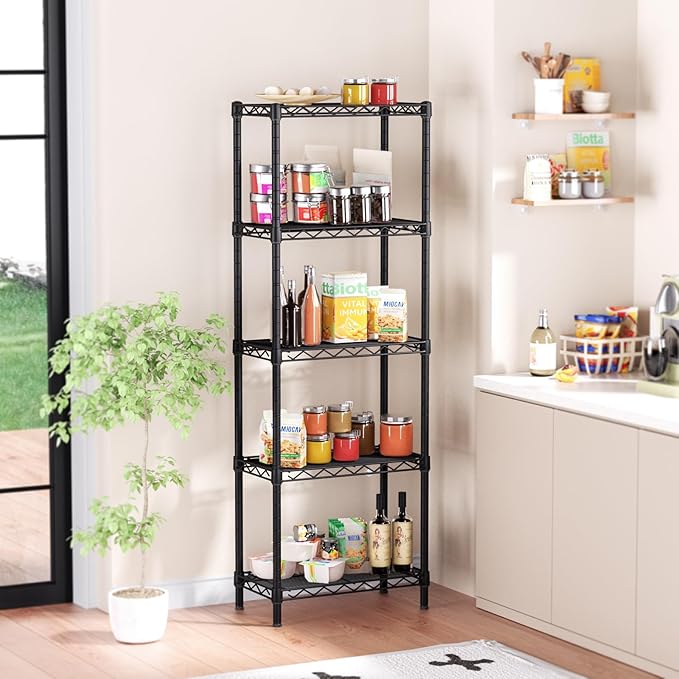 Golpart Small 5 tire Shelves Storage Wire Shelving Unit Metal Shelf Adjustable Organizers Storage Shelving for Bathroom Laundry Room Kitchen Pantry10”D x 16”W x 55”H Black