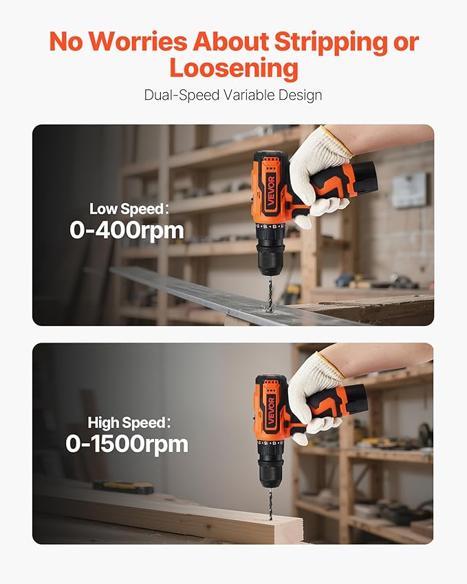 VEVOR Cordless Drill Driver, 5-In-1, Metal Chuck, Dual-Speed Variable, Drill Driver Kit with 2 Lithium Batteries and Charger, Tool Box, for Wood and Metal Drilling, Screw Tightening or Loosening