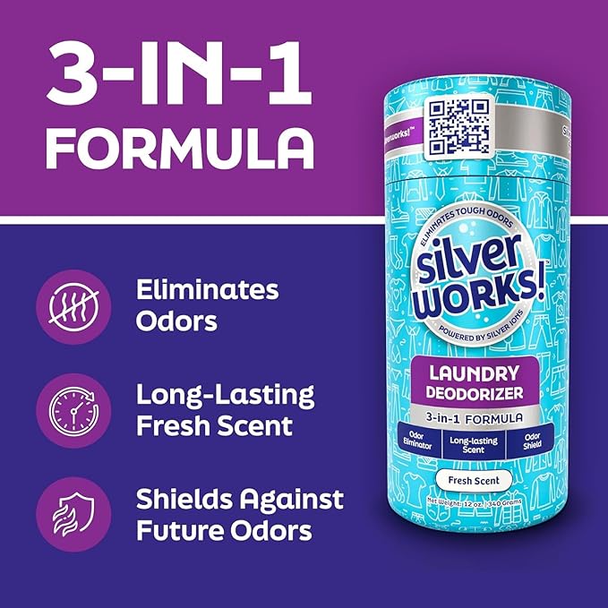 SilverWorks! Laundry Deodorizer, In-Wash Scent Booster, 3-in-1 Odor Eliminator, Long Lasting Scent, Protects Against Odors, Laundry Odor Remover, Scent Booster & Laundry Freshener, Fresh Scent, 12 oz