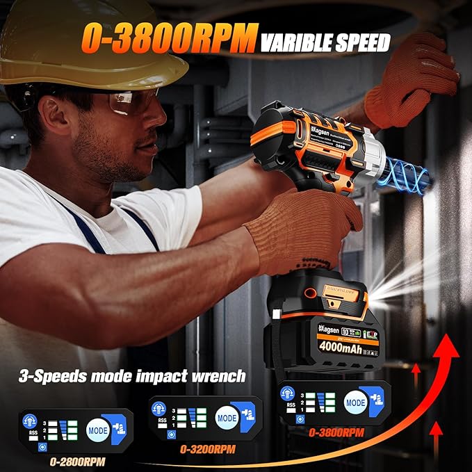 1500N.m Impact Wrench, 1/2" High Torque 1107ft-lbs Cordless Impact Gun with 2 x 4.0Ah Battery, 21V Power Impact Driver with 5 Sockets,LED Light,Electric Impact Truck RV Car Heavy Construction