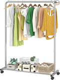 Simple Trending Standard Clothes Clothing Garment Rack with Storage Shelves, Rolling Clothes Organizer on Wheels for Hanging Clothes, Silver
