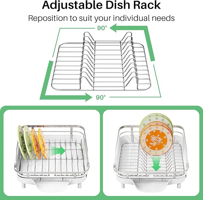 SAYZH Dish Drying Rack - Expandable Dish Rack for Kitchen Counter, Rust-Resistant Dish Drainer with Utensil Holder and Raised Guardrail, Kitchen Organizer for Cup and Bottle (White)