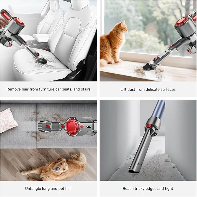 Honki Cordless Vacuum Cleaner for Home, Powerful Stick Vacuum with Rechargeable Battery, Green Light Anti-Tangle Brush, 6-in-1 Lightweight Handheld Vacuum for Pet Hair, Hard Floor, Carpet, Red