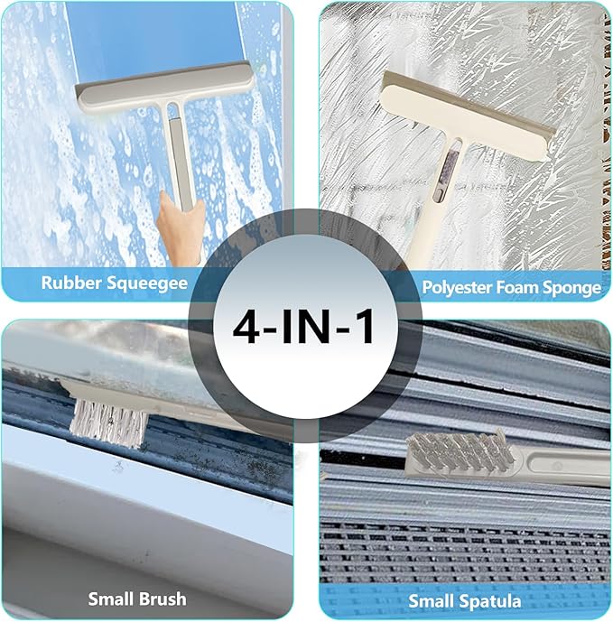 Squeegee 4-in-1 Window Cleaning Tool, Replaceable Foam-Friendly Brush Strip - Hanging & Water-Rinsable for Shower Glass, Glass Doors, Windows, Kitchen Stove, Car | Window Cleaning kit