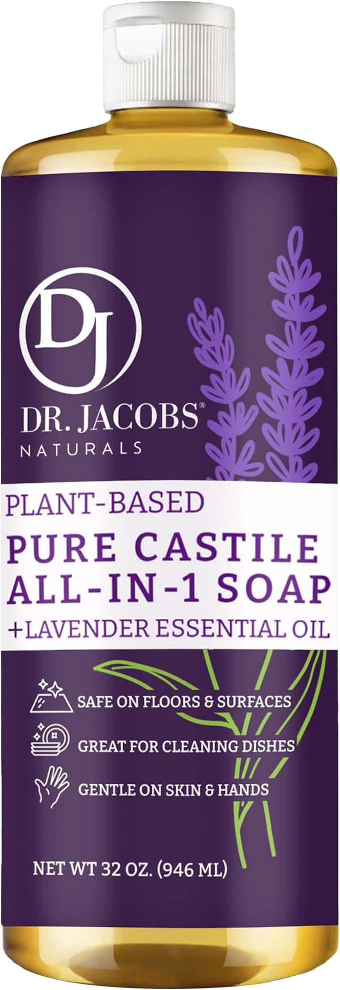 Dr. Jacobs Naturals Lavender Castile All-in-One Cleaner and Soap - Plant-Based Formula for House Cleaning Floors and Appliances - Gentle on Skin and the Planet - 32 oz, 1 Pack