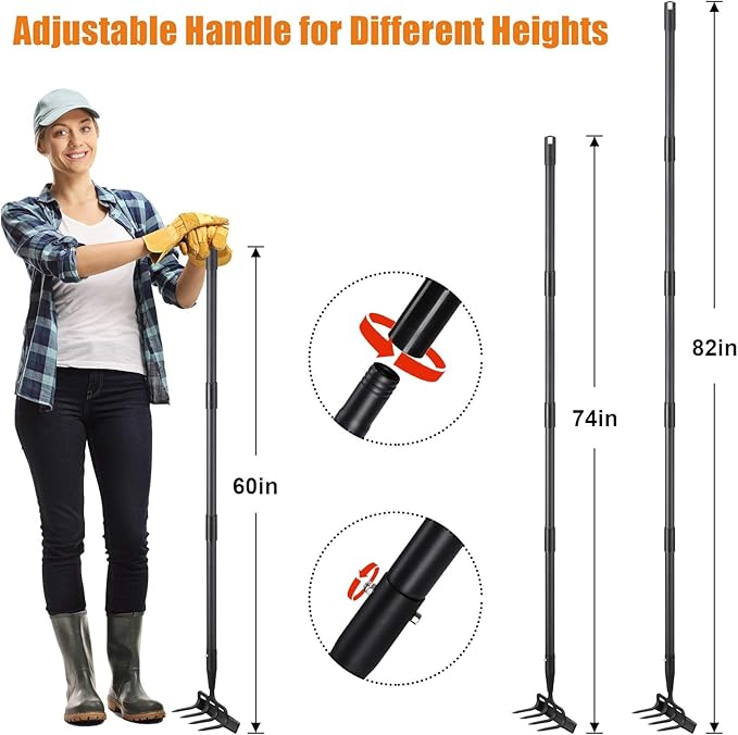 Garden Hoe Tool - Heavy Duty 2 in 1 Scuffle Hoes with Cultivator Tiller for Weeding Grass,Loosening Soil,Sharp Blade,36-60” Long Handle,Push Pull Action Hoe with Scraper Rake for Gardening