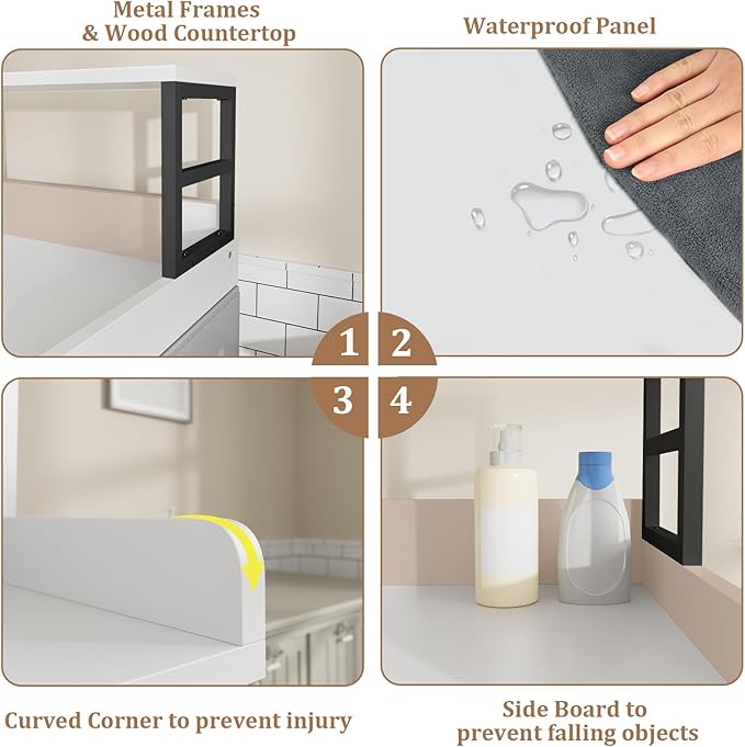 Washer Dryer Countertop with Shelf, 27.5″D x 27.5″W x 16.7″H, Countertop for Washer and Dryer Top with Non-Slip Pads and Edge Rails, Laundry Room Storage and Organization(White)