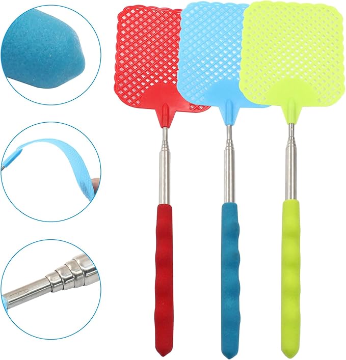 Telescopic Fly Swatter, 3 Pack Manual Durable Plastic FlySwatters Gnat Swatter for Indoor Outdoor Classroom
