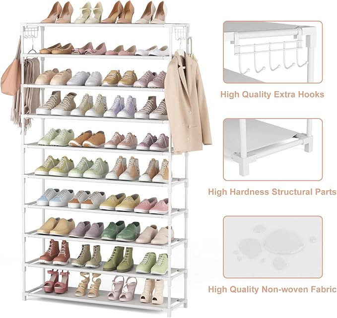 LANTEFUL 10 Tiers Shoe Rack 50 Pairs Large Capacity Tall Shoe Organizer Sturdy Shoe Storage with Two Hooks Space Saving Metal Wide Shoe Rack for Closet, Entryway, Bedroom, White