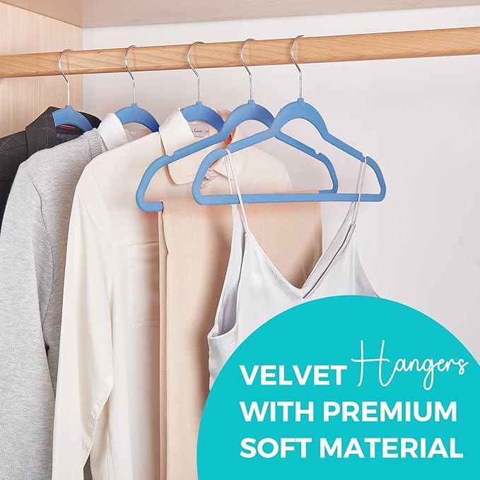 HOUSE DAY Premium Velvet Hangers 50 Pack Blue, Non-Slip Flocked Felt Hangers, Sturdy Clothes Hanger with 360° Rotatable Hook, Heavy Duty Durable Slim Coat Hanger for Closet Space Saving
