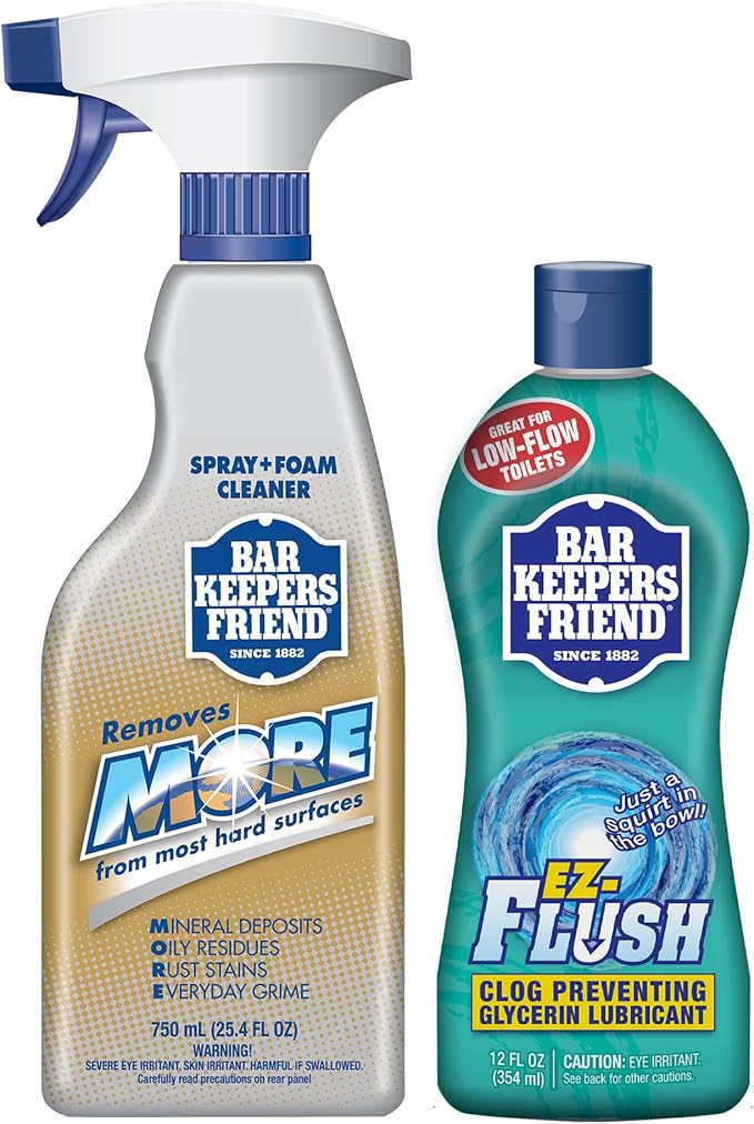 Bar Keepers Friend MORE Spray + Foam Multipurpose Cleaner (25.4 oz) for Shower, Tile, Rust Stains, Hard Water, Soap Scum & EZ-Flush Toilet Bowl Flushing Aid (12 oz) to Help Prevent Clogged Toilets