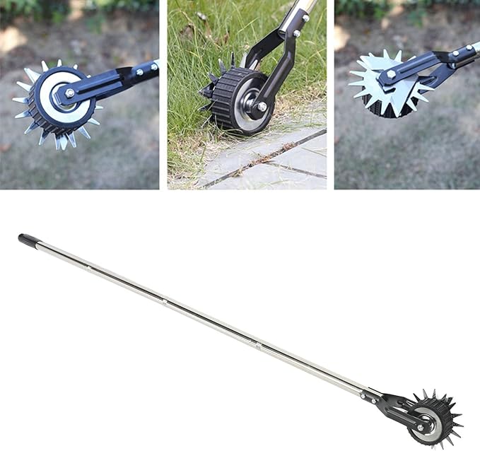 Wheeled Lawn Edger, Hand Garden Edger with Stainless Steel Handle, 26x4.5x15cm, Paint Coated Serrated Blade, for Overgrown Weeds (4 Sections)