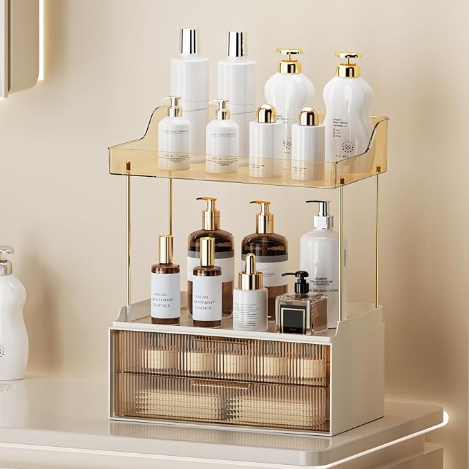 Shuang Qing 2-Tier 2-Drawer Bathroom Countertop Organizer - Multi-Purpose Makeup Storage Rack for Vanity, Cosmetic Counter Organizer (Gold)