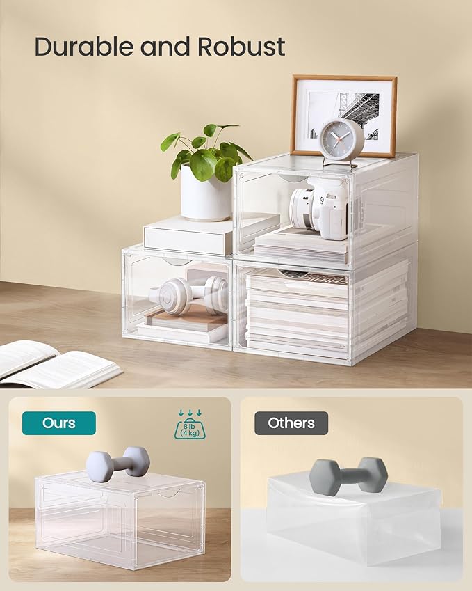SONGMICS Shoe Boxes, Set of 6, Clear Plastic Shoe Storage, Stackable Sneaker Box, Drop Front Door, Up to US Size 11, Easy Assembly, 13 x 9.8 x 7.1 Inches, Transparent White ULSP032W06