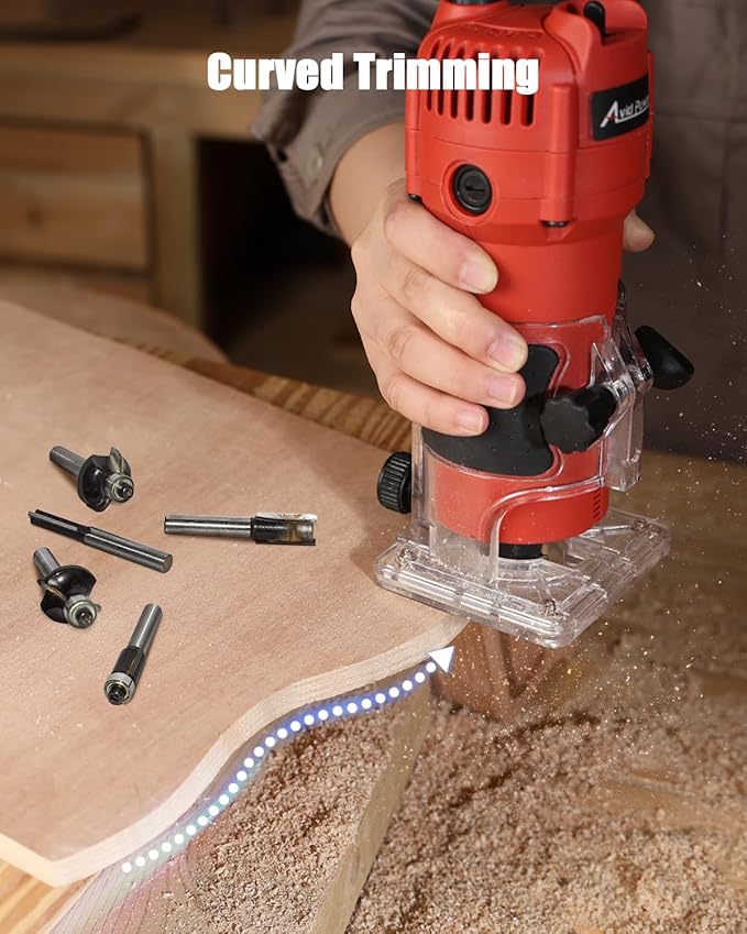 AVID POWER 630W 5.3 Amp Wood Router Tool with Fixed Base Compact Router for Woodworking, 35,000 RPM, 1/4” collet & 5 Trim Bits, Straight & Roller Guide, 2 Wrenches and Carbon Brushes