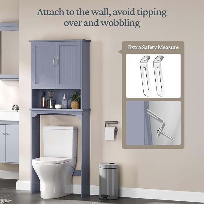 Yaheetech Over The Toilet Bathroom Cabinet with 2 Doors & Adjustable Shelf, Free Standing Toilet Rack Space-Saving, L24.5xW9xH66 Inches, Grey