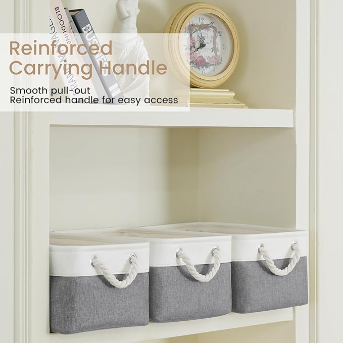 Storage Baskets for Shelves 13.8x9.8x6.7 Inch-Foldable Fabric Organizing Storage Bins with Handles, Closet & Bathroom Organizer, Home Storage for Kitchen, Office (1-Pack, White&Gray)
