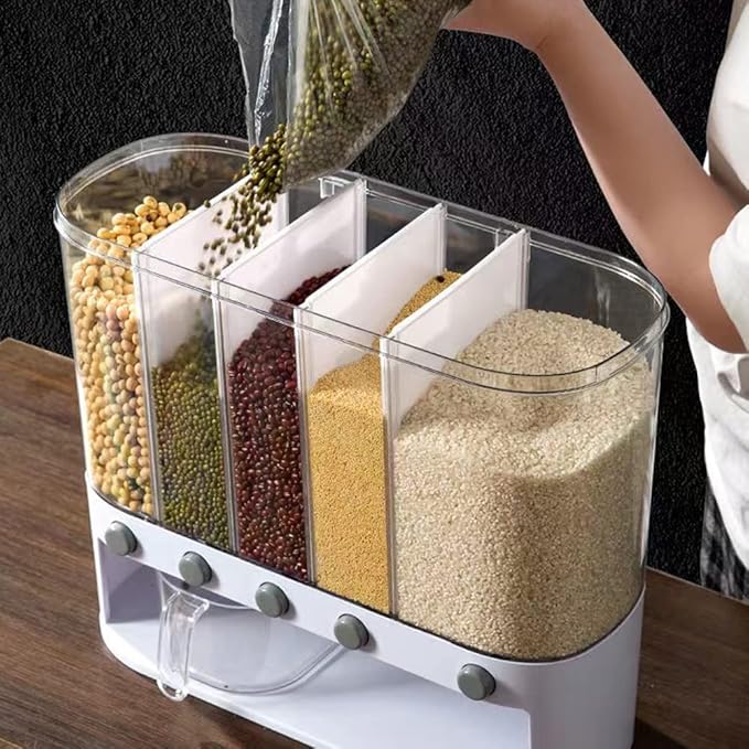 Dry Food Dispenser,Wall mounted 5 Grid Cereal Dispenser,Rice dispenser 25 pounds Kitchen Storage with Measuring Cup