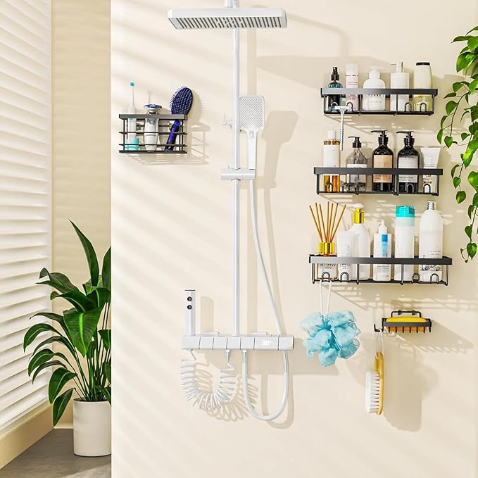 Moforoco Adhesive Shower Caddy Organizer Shelves Rack - 5 Pack Corner Bathroom Storage Organization, Home & Kitchen Decor Inside RV Accessories, Hanging First Apartment Household Camper Essentials