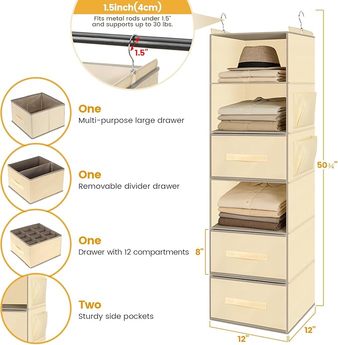 Hanging Closet Organizer 6-Shelf with 3 Drawers & Side Pockets, Closet Organizers and Storage for Dorm, Nursery & Wardrobe Organization, Hanging Shelf Clothes Organizer for Sweaters, Shoes, Beige