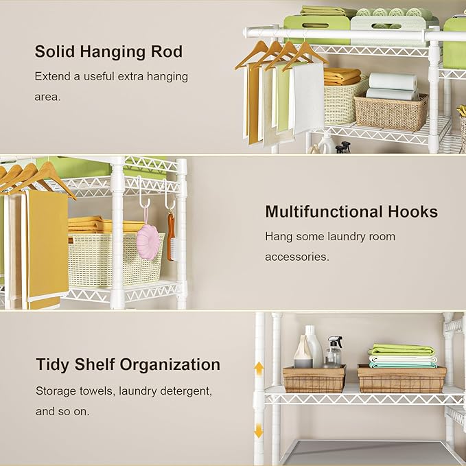 Ulif U13 Medium Over Washer and Dryer Storage Shelves, 6 Tiers Laundry Room Standing Shelf with 2 Hanger Rods, Space Saver Clothes Drying Rack, 57.8" W x 22" D x 77.4" H, White