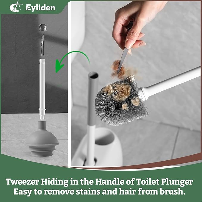 Eyliden Toilet Plunger & Brush Set, Upgrade 3-Step Suction Cup - Ultra-Tight Seal, Durable, Space-Saving Toilet Deep Cleaning Combo with Holder, Bathroom Essentials, White & Grey, Nylon Bristles