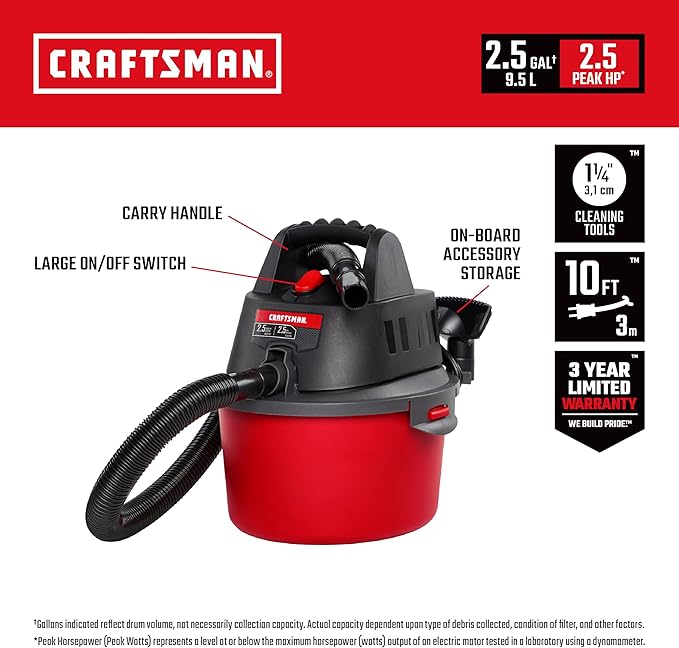 CRAFTSMAN CMXEVBE17250 2.5 Gallon 2.5 Peak HP Wet Dry Vac, Portable Shop Vacuum Wet and Dry with Filter Bag, Hose and Attachments for Cleaning in the Home