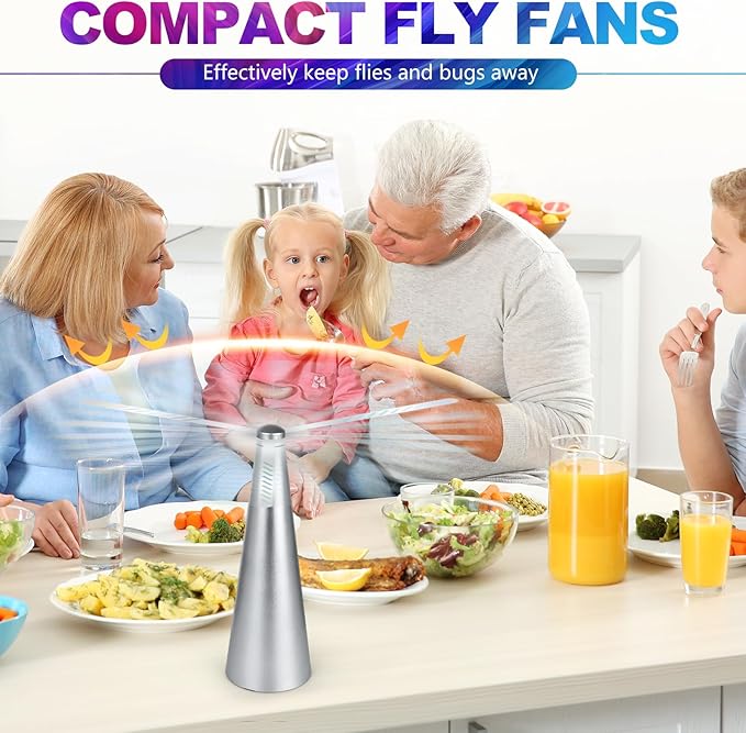 VAIPI 5 Pack Fly Fans for Tables, Outdoor Indoor Portable USB Fly Fan with 2 Fly Swatter, USB & Battery Operated Table Top Food Fan Picnic Fly Spinner for Restaurant, Patio, Kitchen, Party, BBQ
