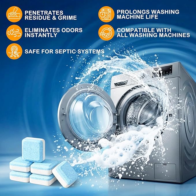 24 Pack Washing Machine Descaler Cleaner Tablets, Front Top Load Washer Descaler Septic Safe, Deep Clean Removes Limescale Odor Residue, Individually Wrapped