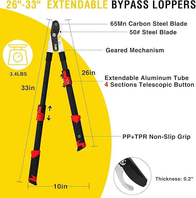 Yesker 26-33 Inch Extendable Bypass Loppers for Tree Trimming Heavy Duty Powerful Gear Tree Trimmer w Non-slip Handle Sharp Steel Blade up to 1.8" Cut Capacity Branch Cutter Chops Thick Branches Ease