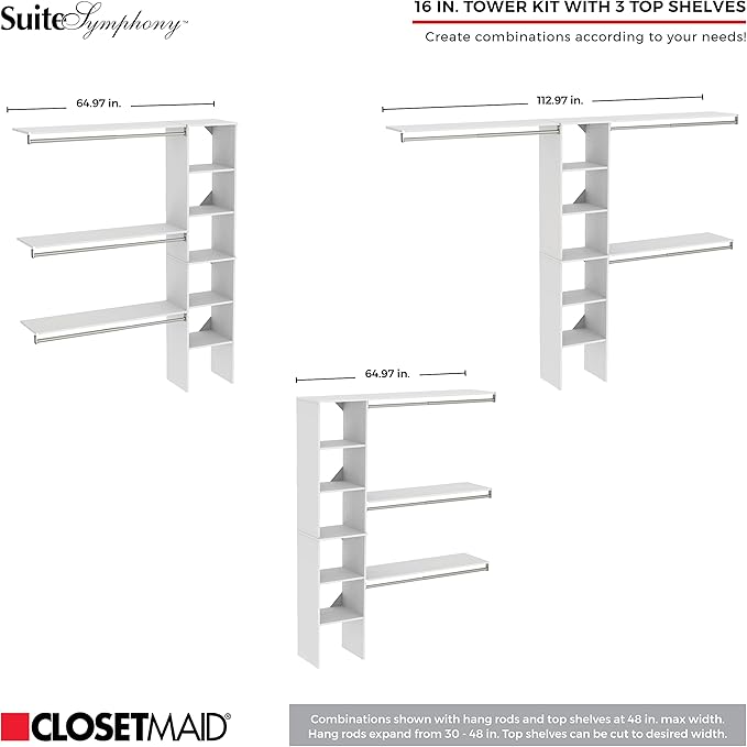 ClosetMaid SuiteSymphony Wood Closet Organizer Kit with Tower, 3 Hang Rods, Top Shelves, 2 Drawers, Adjustable, Fits Spaces 5-9 ft. Wide, Graphite Grey