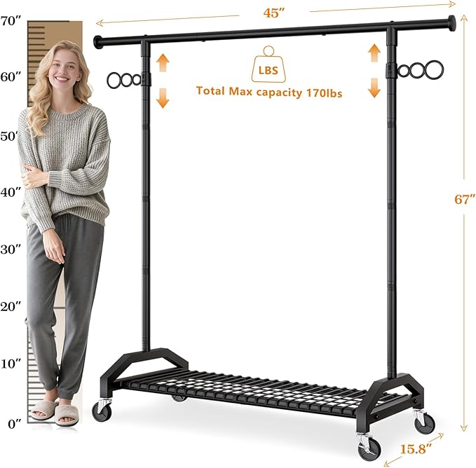 Wiracks Heavy Duty Clothes Rack Clothing Racks for Hanging Clothes Garment Rack 45" Lx15.8 W x 67" H Rolling Clothes Rack with Wheels