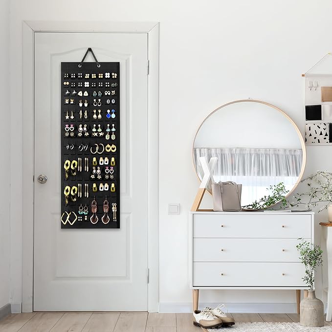Lolalet Hanging Earring Holder Organizer with 20 Hooks for Women, Earring Organizer Wall Earrings Hanger Pierced Earring Storage, Felt Stud Earring Display, 608 Holes for Earrings - Black, 2 Pack