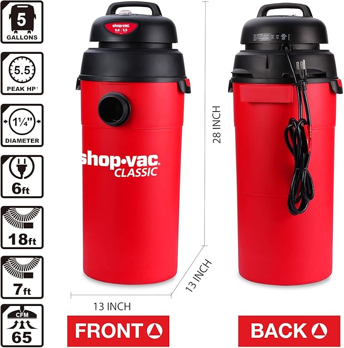 Shop-Vac 5 Gallon 5.5 Peak HP Wet/Dry Vacuum, Wall Mountable Compact Shop Vacuum with 18+7Ft Long Hose & Attachments, Ideal for Jobsite, Garage, Car & Workshop. 9522236