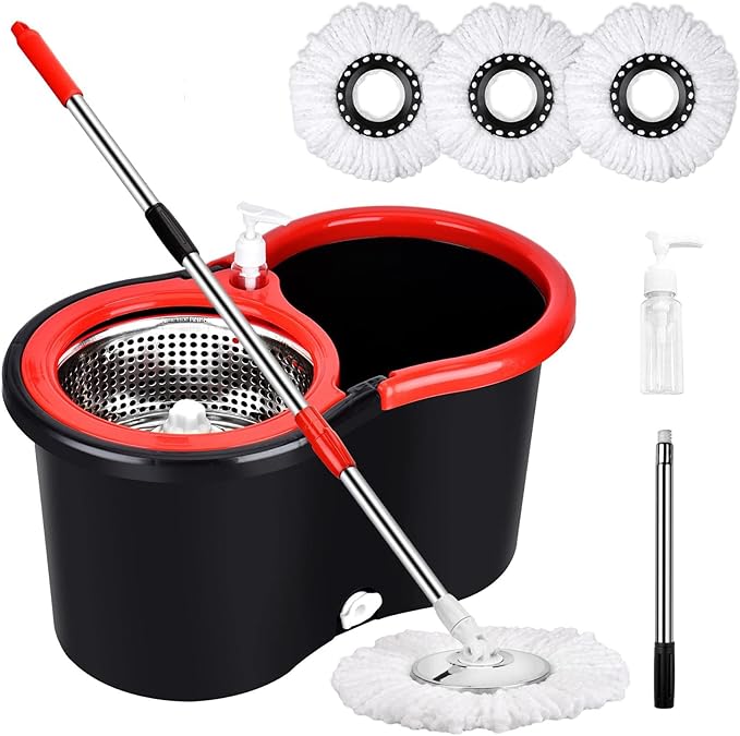 Mop Bucket with Wringer Set, 360 Rotation Mop Bucket Systerm for Floor Cleaning with 3 Microfiber Mop Head for Office and Home Use, Black (20QT)
