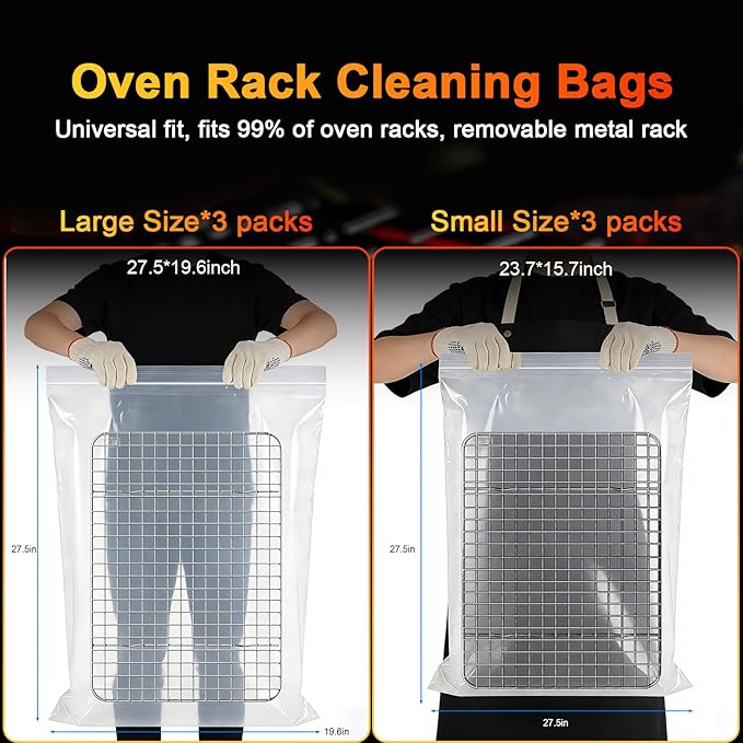 6 Pack Oven Rack Cleaning Bags(No Cleaner Included), Heavy Duty Reusable Leak-Resistant PE Bags for Deep Soaking Grill Grates and BBQ Racks(three 19.6 * 27.5 inch and three 15.7-23.7inch)