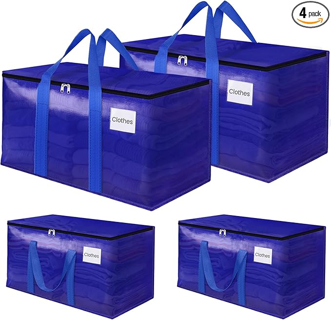 FabSpace Moving Storage Bags, Moving Supplies Packing Boxes for Moving, Camping, College Dorm Room Essentials for Girls, Blue Tote Bags, Heavy-Duty Storage Bins With Lids And Zippers, 76L 4 Pack