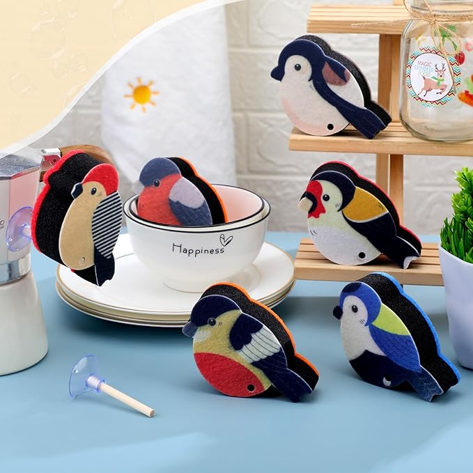 6 Pieces Christmas Birds Kitchen Sponges Fun Non-Scratch Scrub for Washing Dishes Pots Pans and Household Cleaning Supplies for Dishes Furniture Christmas Kitchen Gifts