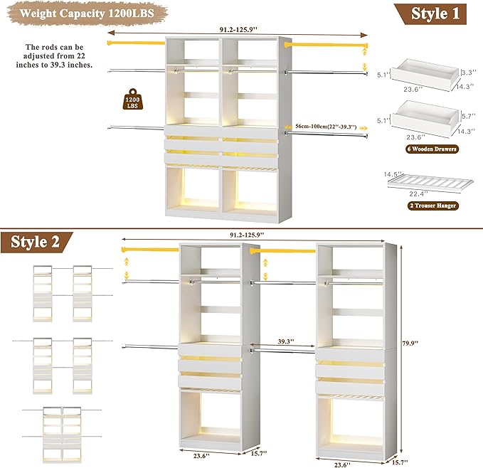 Closet System, 5.7-10.4FT Closet Organizer System with 6 Wood Drawers & LED Glasstop, Wood Walk-in Closet with 10 Hanging Rods & Trouser Rack, Built-in Wardrobe Garment Rack with Shelves & Tower,White